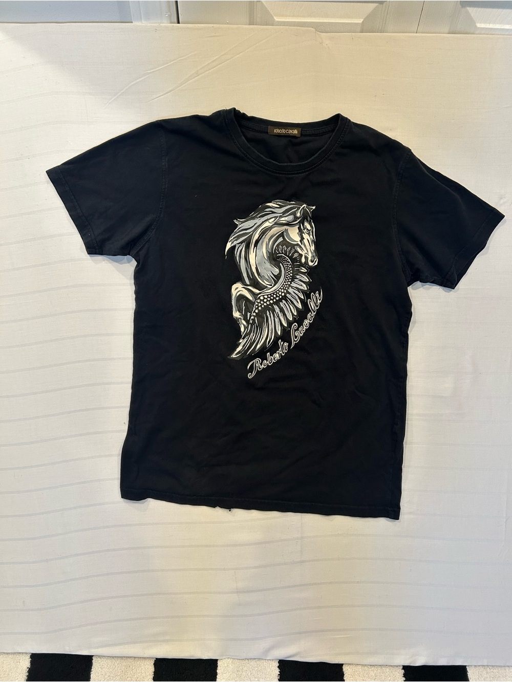 Roberto Cavalli Black Graphic White Pegasus Short-Sleeve Men's Shirt